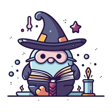 Cute wizard reading a book. Vector illustration in cartoon style