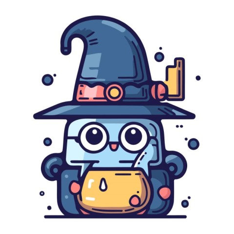 Cute cartoon hippo in a witch hat. Vector illustration.