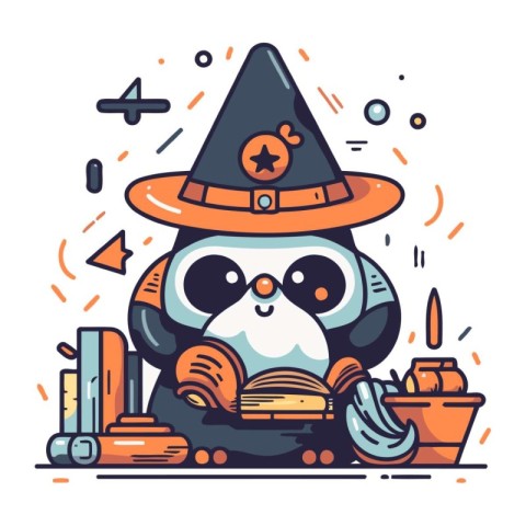 Cute panda in witch hat reading a book. Vector illustration.