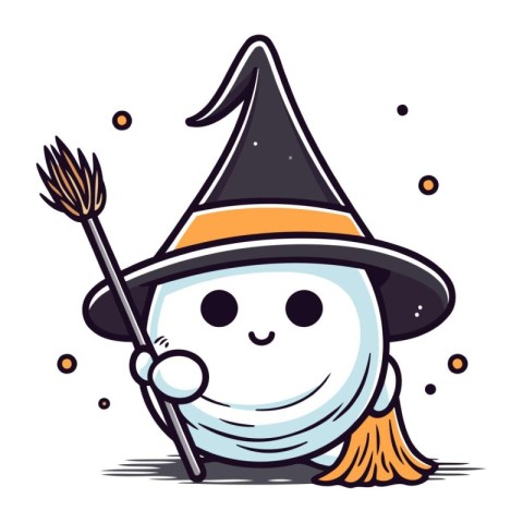 Cute cartoon witch with broom and hat. Halloween vector illustra