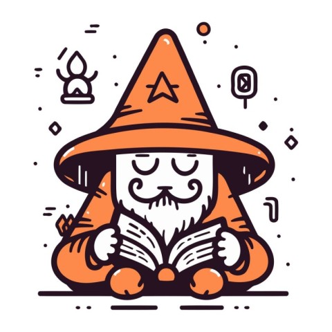 Halloween witch in orange hat reading book. Vector illustration