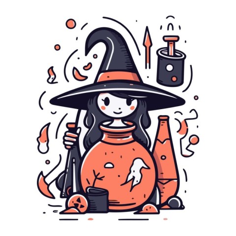 Cute witch with potion. Vector illustration in doodle style.