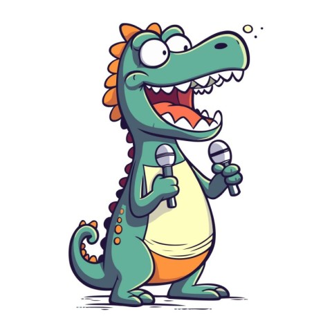 Cartoon crocodile singing karaoke with microphone. Vector illust