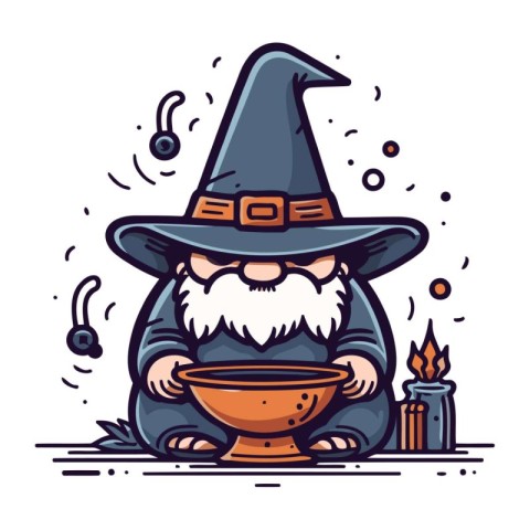 Wizard with a pot of potion. Vector illustration in cartoon styl