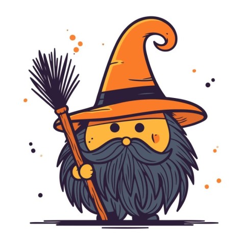 Cute cartoon wizard with broom. Vector illustration in doodle st