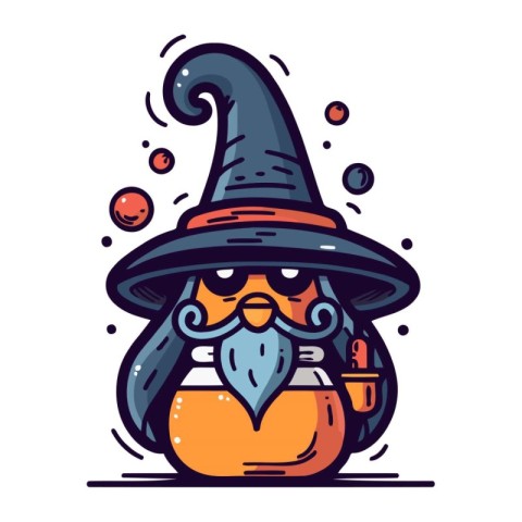 Wizard in a hat with a magic potion. Vector illustration.