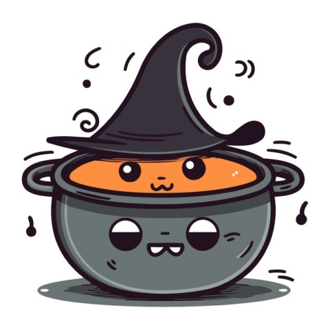 Cute Halloween vector illustration of a pot of pumpkin soup with