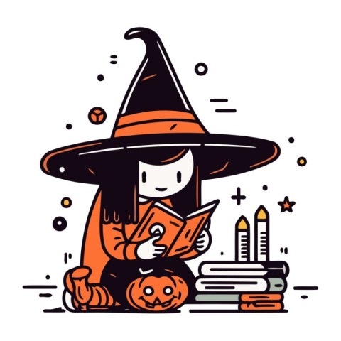 Cute little witch reading a book. Halloween. Vector illustration