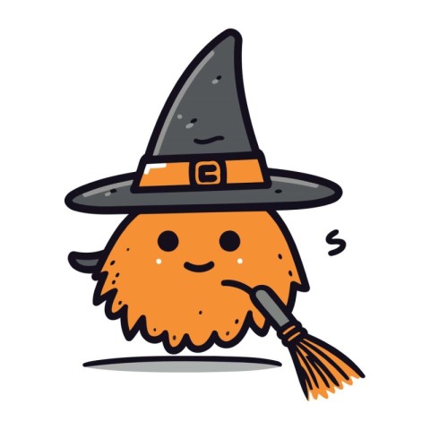 Witch with broom. Cute cartoon character. Vector illustration.