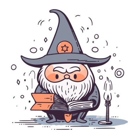 Cartoon wizard reading a book with a candle. Vector illustration