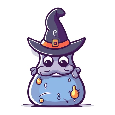 Cute cartoon hippo in a witch hat. Vector illustration.