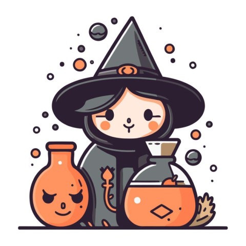 Cute little witch with potion. Vector illustration in cartoon st