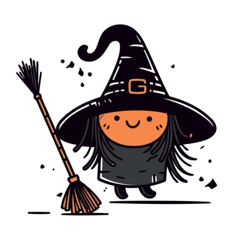 Cute little witch with broom. Vector illustration in cartoon sty