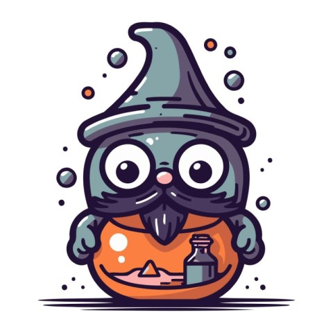 Cute cartoon Halloween pumpkin with witch hat and potion. Vector