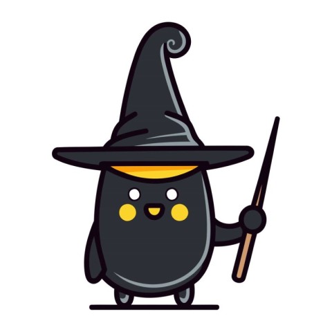 Cute cartoon black witch with hat and wand. Vector illustration.