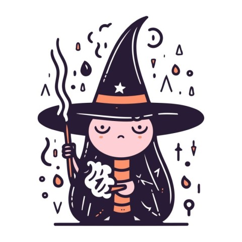 Cute little witch with a broom. Vector illustration in doodle st