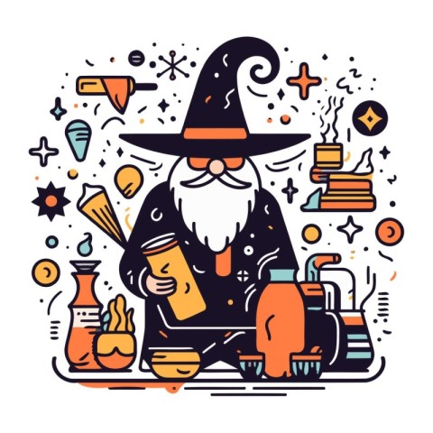 Witch with a cup of tea in his hands. Vector illustration.