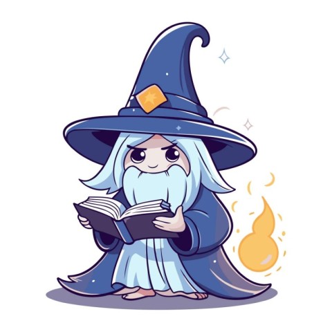 Witch reading a book. Cute cartoon character. Vector illustratio