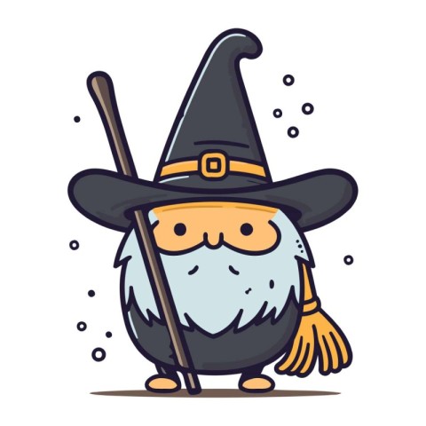 Cute cartoon wizard in a hat with a broom. Vector illustration.