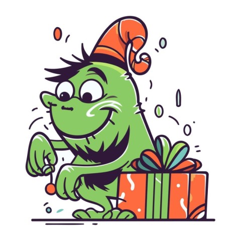 Funny cartoon monster with a gift box. Vector illustration. Chri