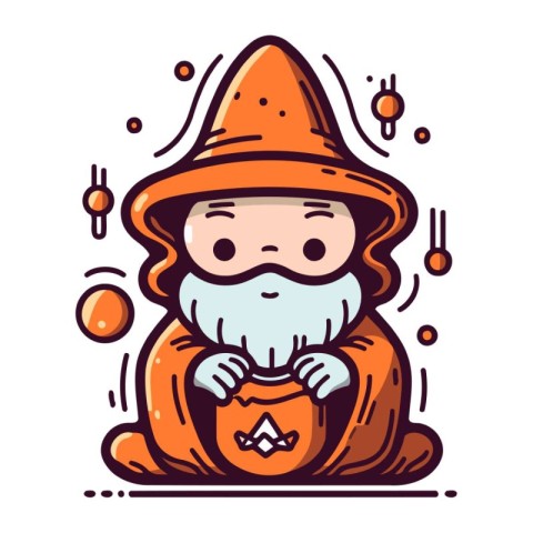 Cute gnome in a hat with a pumpkin. Vector illustration.