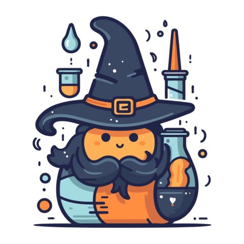 Halloween pumpkin with witch hat and potion. Cute cartoon vector