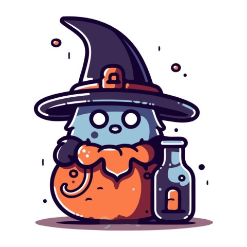 Cute Halloween pumpkin with witch hat and bottle of potion. Vect