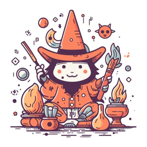 Cute little witch with magic wand and magic potion. Vector illus