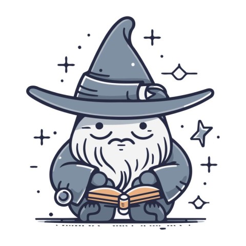 Cute gnome with magic book. Vector illustration in line style.