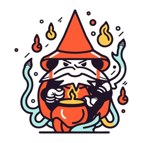 Vector illustration of angry cartoon gnome in a hat with a burni