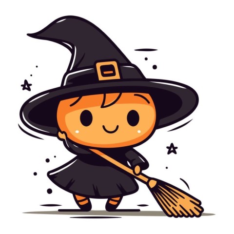 Cute little witch with a broom. Vector illustration isolated on