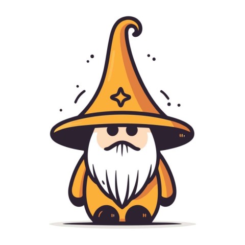 Funny cartoon gnome in a witch hat. Vector illustration.