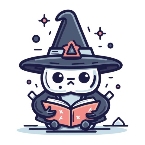 Cute and kawaii witch reading a book. Vector illustration.