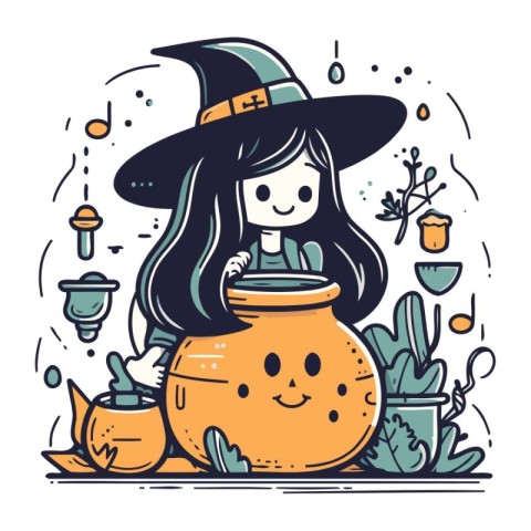 Cute little witch with pot. Vector illustration in cartoon style