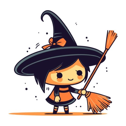 Cute little witch with a broom. Vector illustration in cartoon s