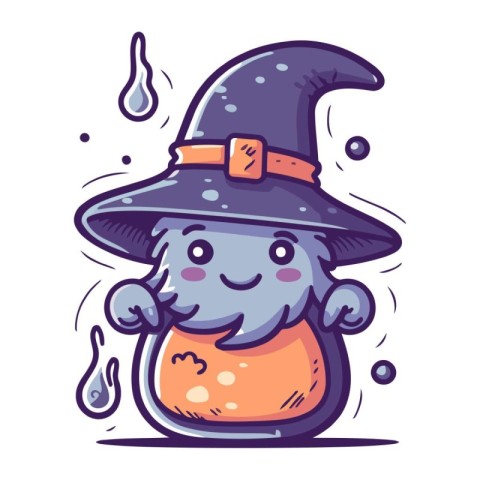 Cute cartoon witch in a hat with a potion. Vector illustration.