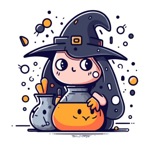 Cute little witch with a pot of potion. Vector illustration.