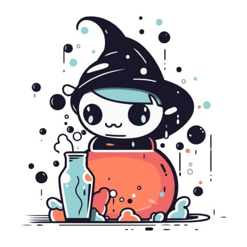 Cute little witch in a pot. Vector illustration in cartoon style