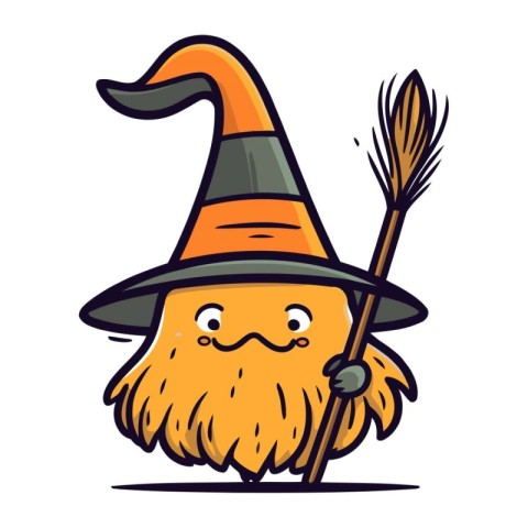 Cartoon witch with broom and hat. Vector illustration on white b