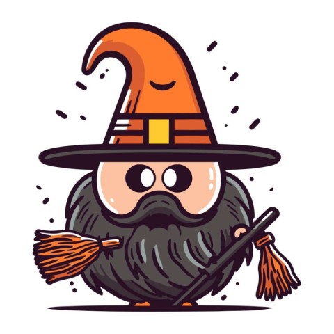 Witch with a broom in his hand. Cute cartoon vector illustration