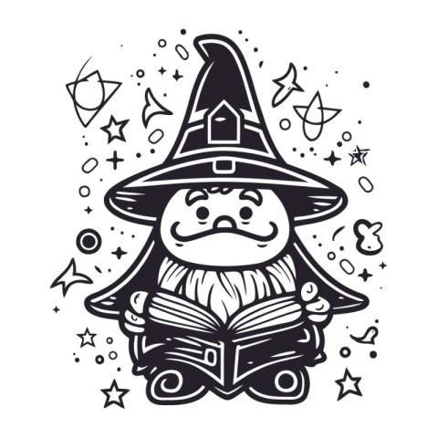 Witch reading a book. Black and white vector illustration for Ha