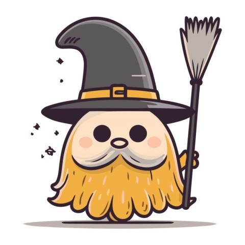 Wizard cartoon character with broom and hat. Halloween vector il