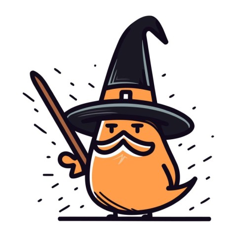 Cute cartoon witch with broom and magic wand. Vector illustratio