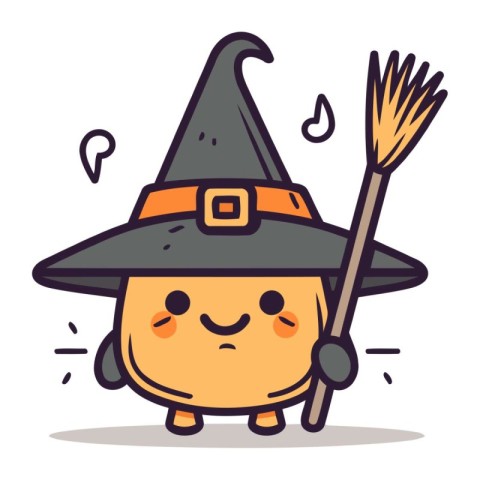 Cute Halloween witch character with broom and hat. Vector illust