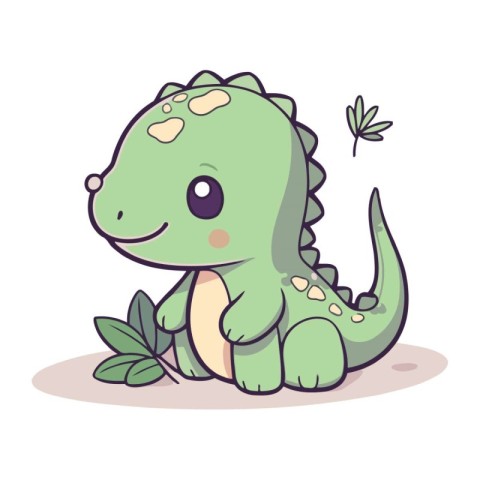 Cute baby dinosaur with green hair. Vector illustration in carto