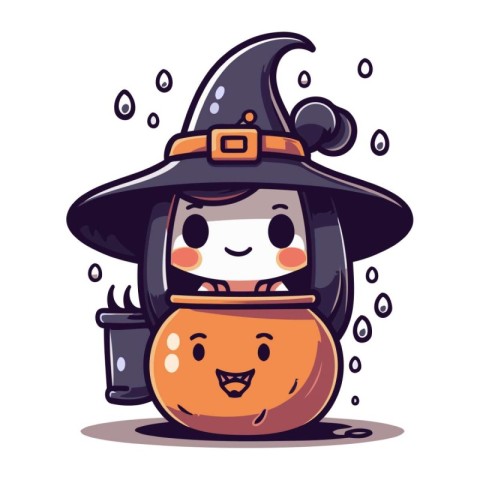 Cute little witch with a pot of potion. Vector illustration.