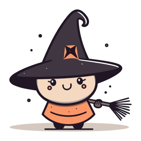 Cute little witch with broom. Vector illustration in cartoon sty