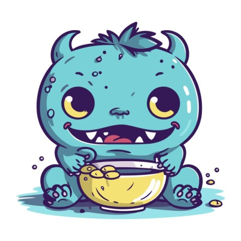 Cute cartoon monster with a bowl of soup. Vector illustration.