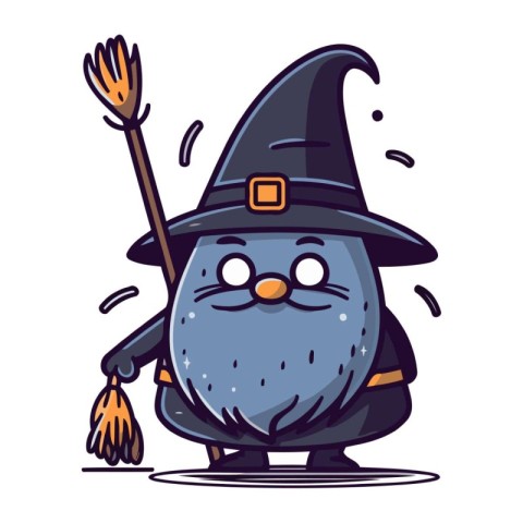 Cartoon illustration of a cute gray witch with broom and hat.