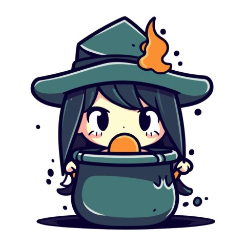 Cute cartoon witch with a pot of potion. Vector illustration.